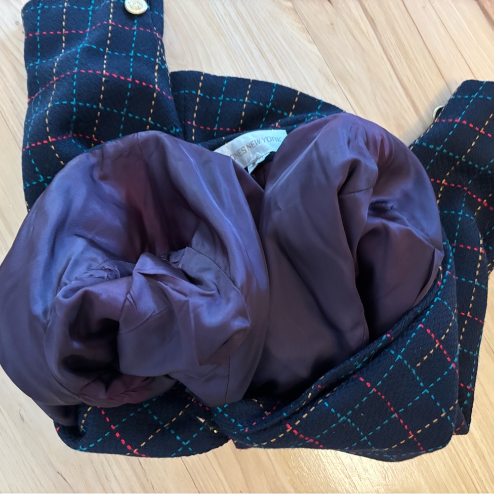 VTG Jones New York Navy Plaid Double Breasted Blazer 12 Cropped Preppy Y2K 90s - Picture 8 of 11